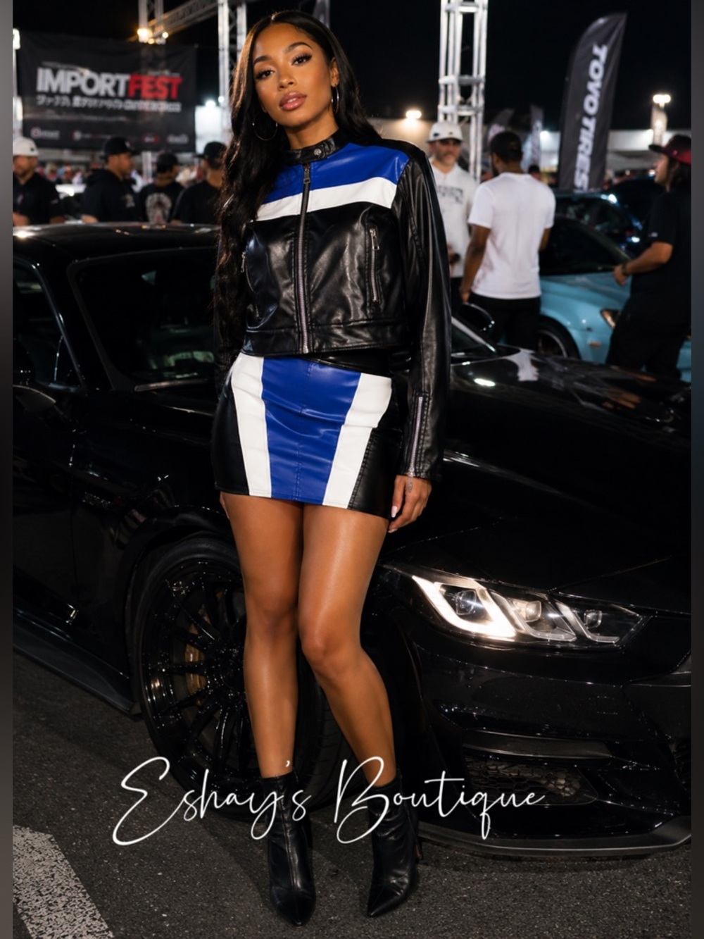 LAST ONE Colorblock Faux Leather Moto Jacket - Blue & Black please the below